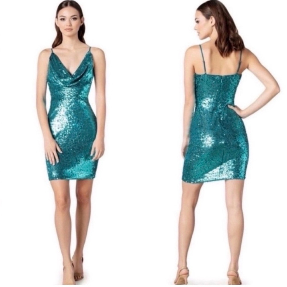 Dress the Population Paloma Sequin Cowl Neck Mini Dress in Ice Blue - MED - EUC